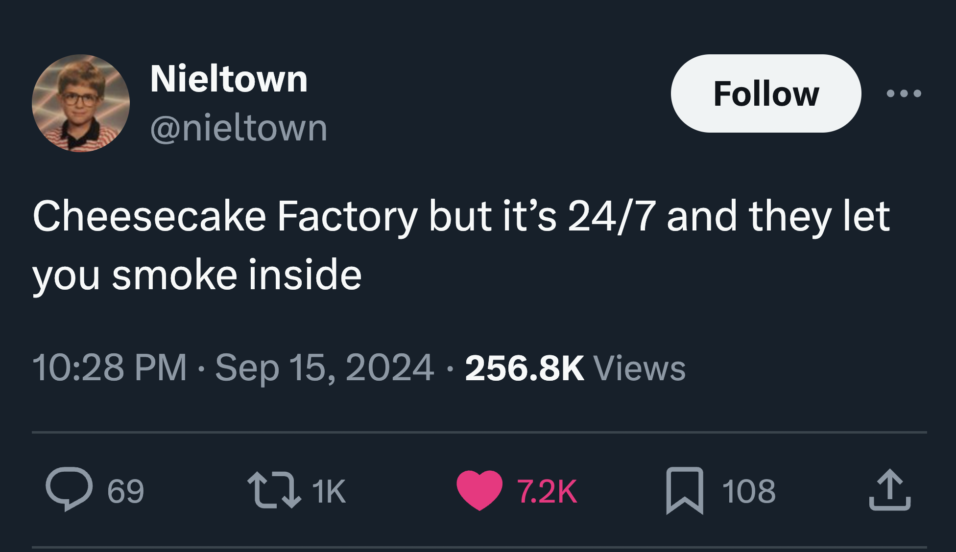 screenshot - Nieltown Cheesecake Factory but it's 247 and they let you smoke inside Views 108